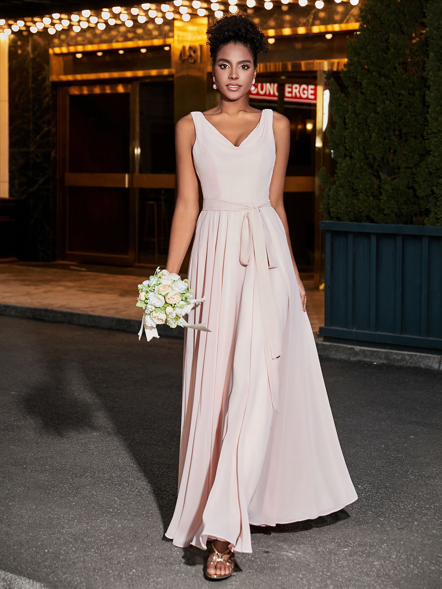 V-neck Simple Chiffon Full Length Dresses Pearl Pink